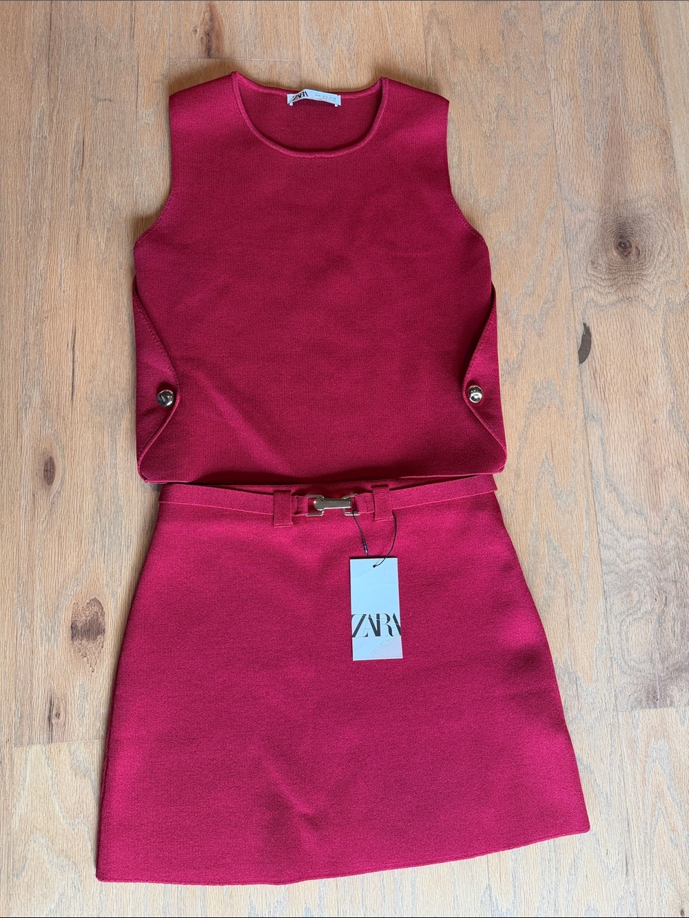 Zara NWT Dark Red Sleeveless Top and Mini Skirt Set with Belt S/M